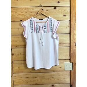 Adrianna Papell Womens XL White Embroidered Tassel V-Neck Cap Sleeve Blouse Top